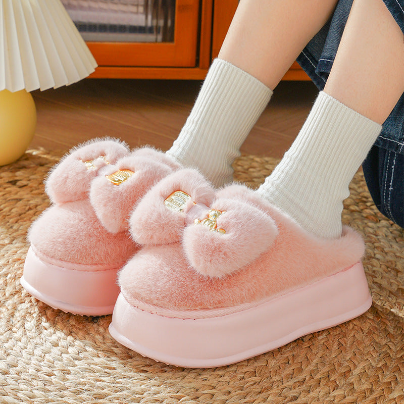 Thick-soled Cotton Slippers Women's Winter Bowknot Plush