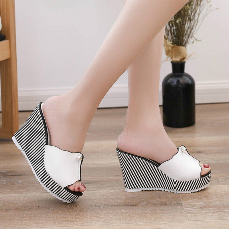 Korean Women's Thick-soled High-heeled Flip-flop Pearl Fish Mouth