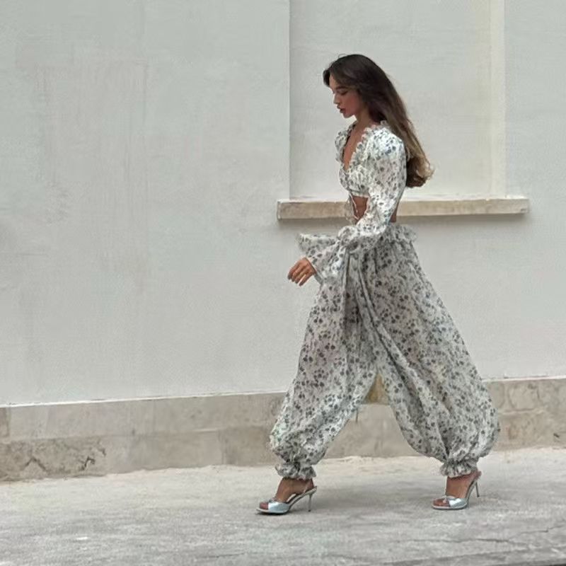 Floral Print Long Sleeve Waist Drawstring Floral Pants Two-piece Set