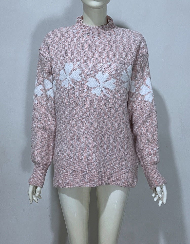 Embroidered Jacquard Pullover Loose Bottoming Shirt Mock Neck Sweater Coat