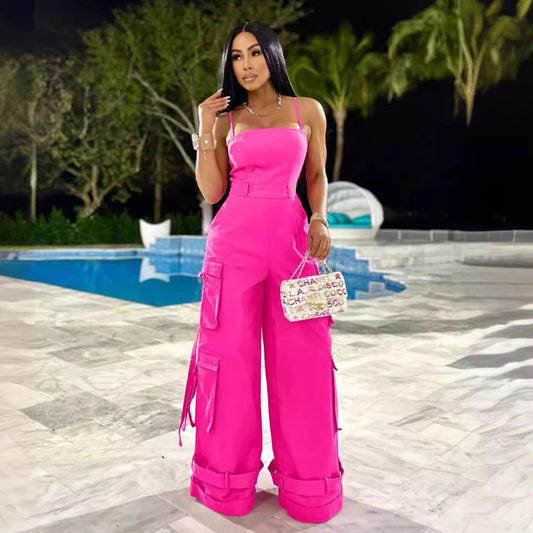 Women's Tube Top Multi-pocket Workwear Wide Leg Jumpsuit