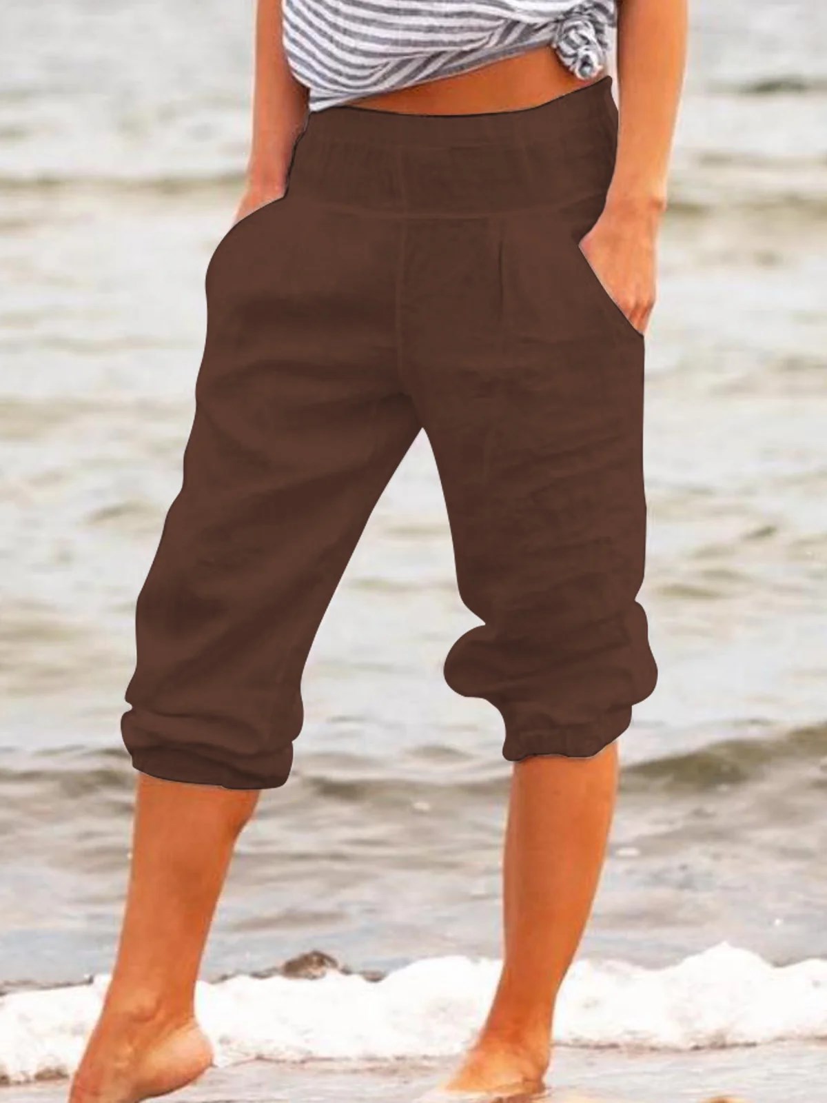 Casual Solid Color Cotton And Linen Cropped Trousers