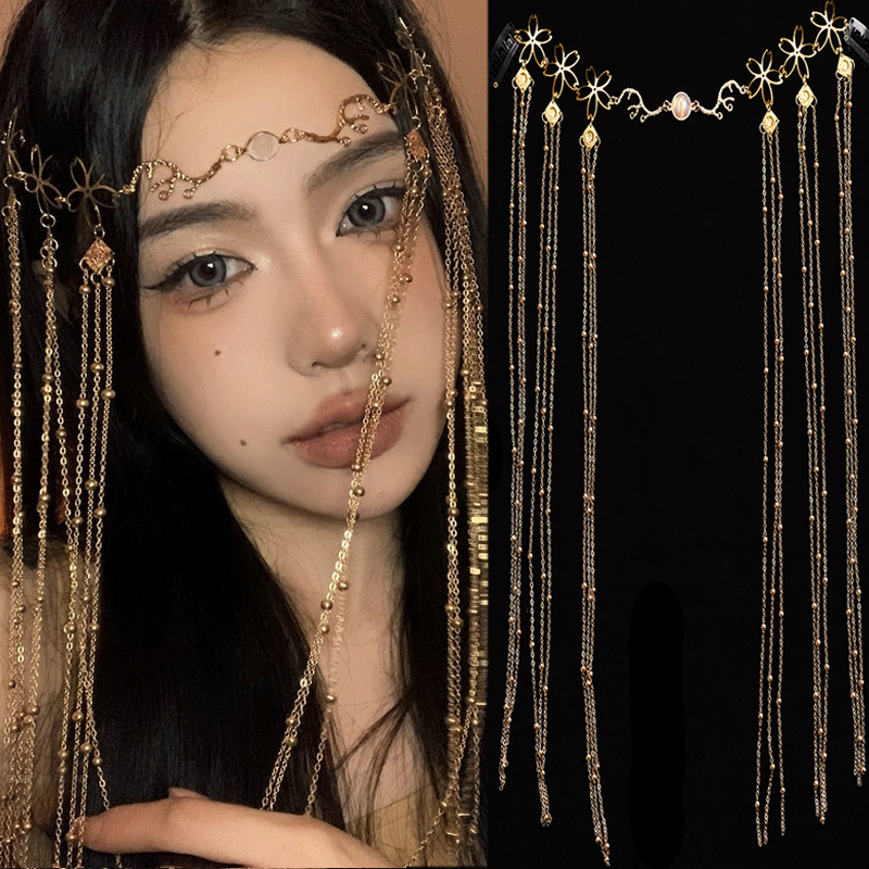 Long Tassel Waterdrop Rhombus Headband Retro Handmade Fringe Face Curtain