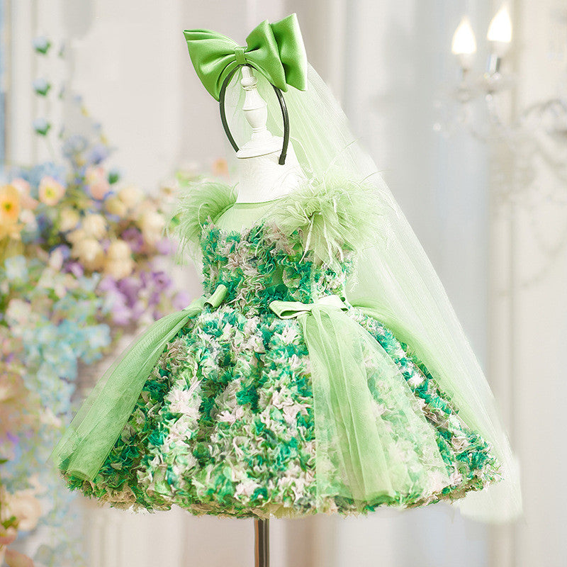 Green Fairy Princess Dress For Kids Ultra-Fairy Puff-Sleeve Birthday Party Tutu Gown