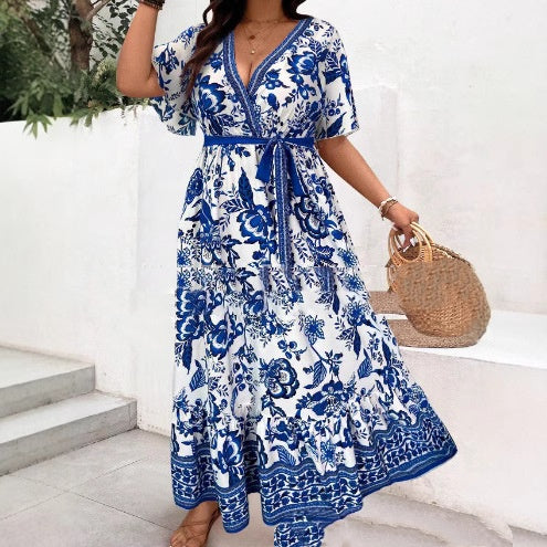 Women's Retro Printed V-Neck Long Dress Women's Pullover