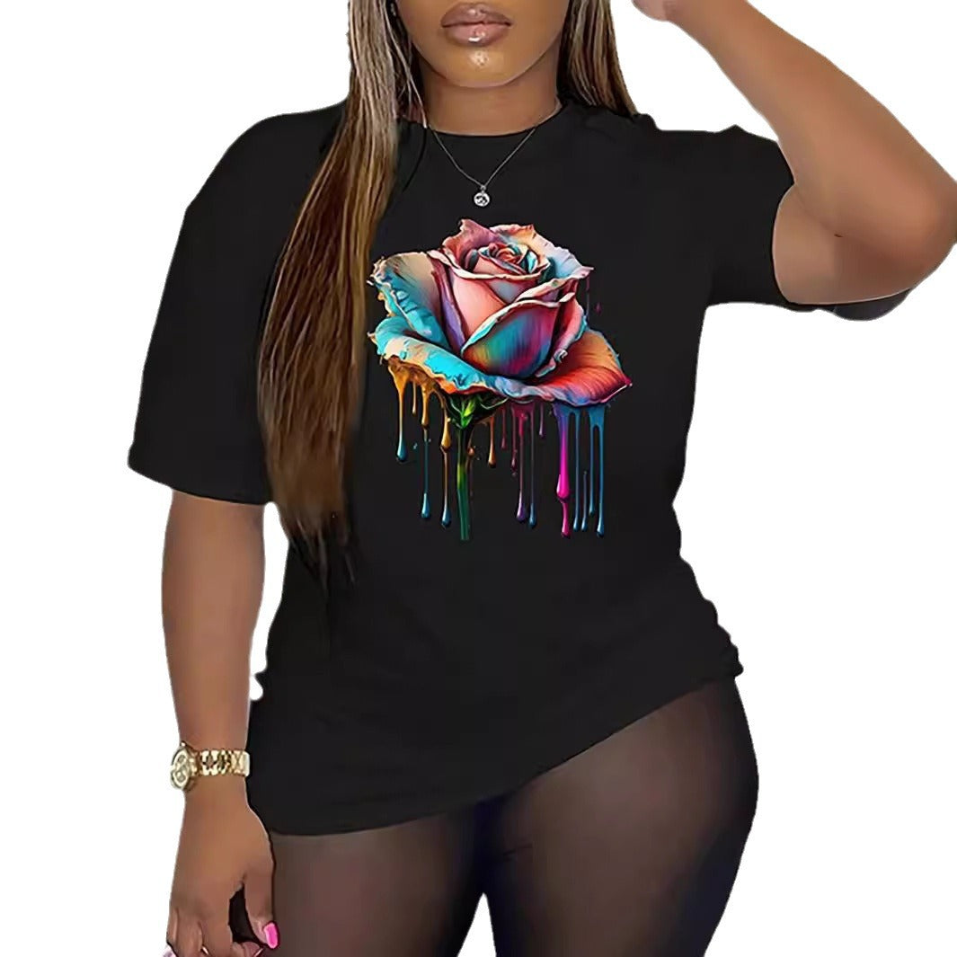 Casual Floral-pattern T-shirt Simple Versatile And Relaxed-fit