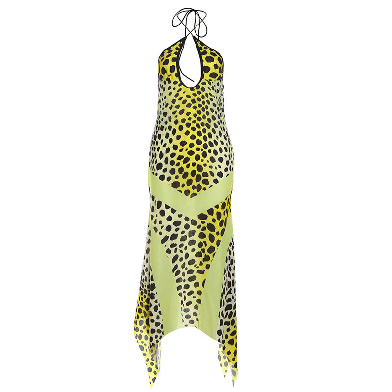 Womens Sexy Backless Fashionable Halterneck Printed Slim-fit Dress