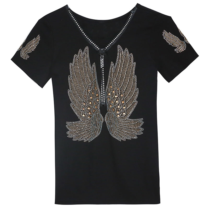 Trendy European Style Heavy Duty Zipper Cotton Short Sleeved T-shirt For Women