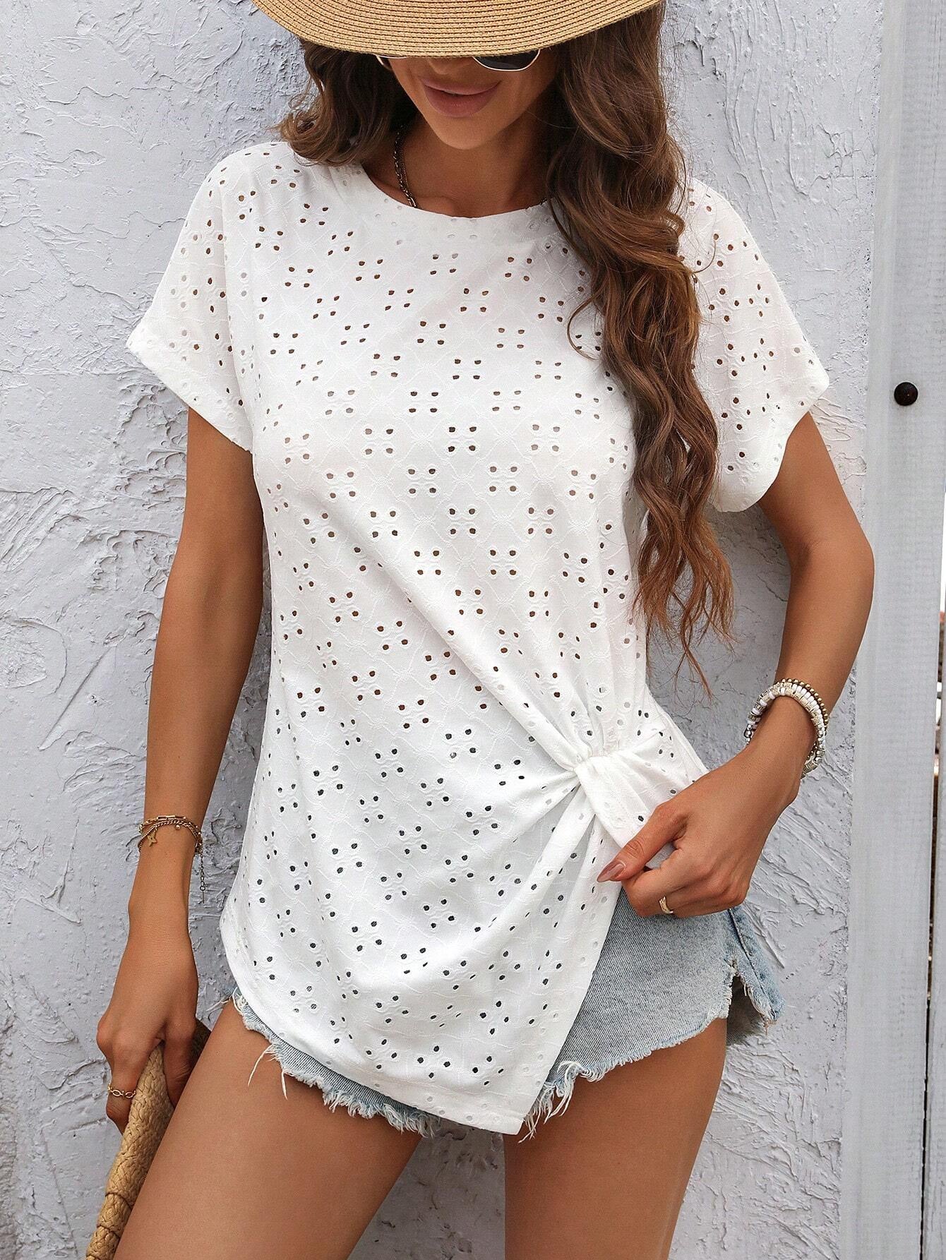Fashion Casual Kvinder Ensfarvet Frisk Jacquard Plisseret Rundhalset T-shirt