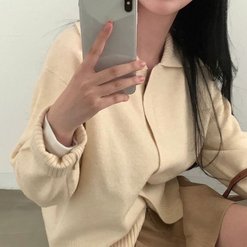 Polo Collar Double-headed Zipper Sweater Cardigan