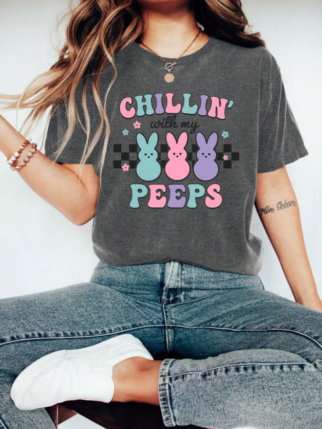 Happy Easter Rabbit Printed Women's Round Neck Short Sleeve T-shirt