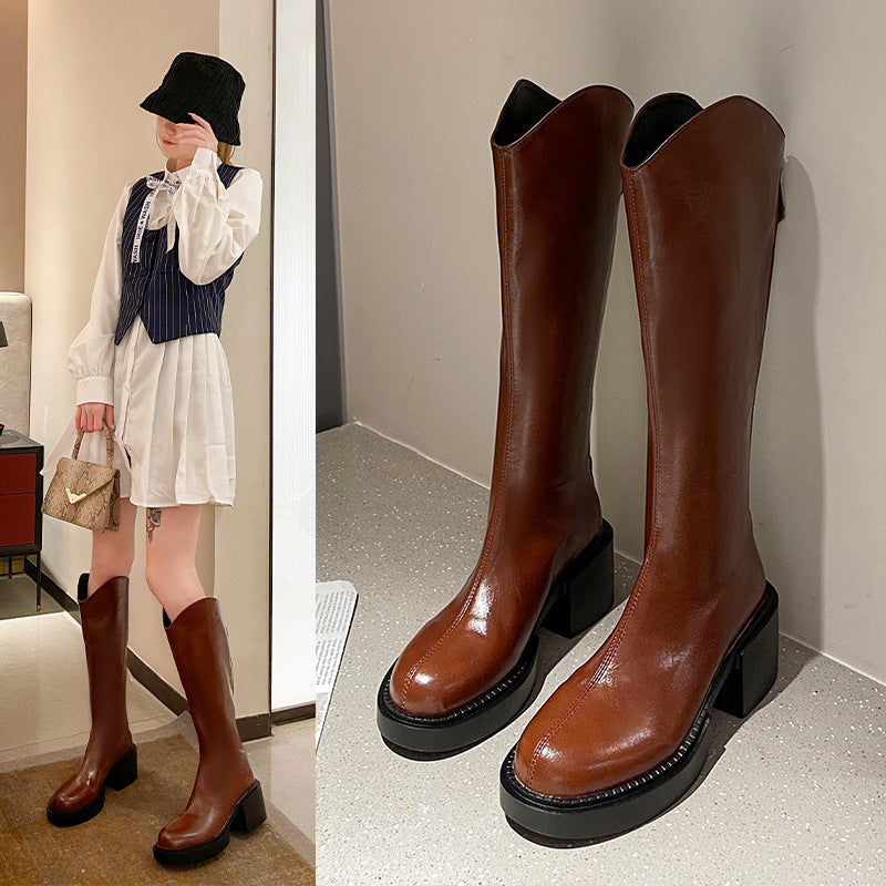 Elastic Tube Women's Thick-soled Low-heeled Boots