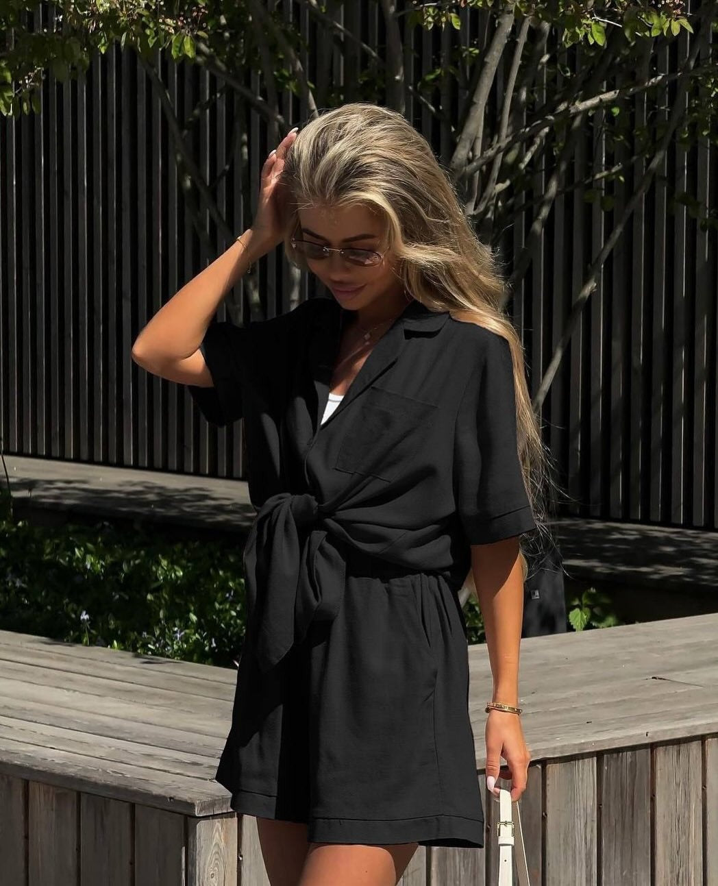 Women's Short-sleeved Shorts Jumpsuit Lace-up Turn-down Collar Solid Color Clothing Summer