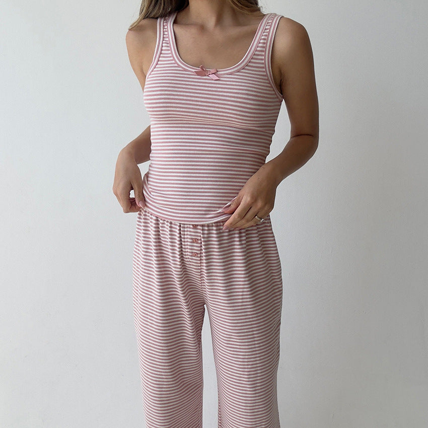 Casual Homewear Striped Vest With Ruffle-trimmed Pants Pajama Set Suitable For Outside Wear