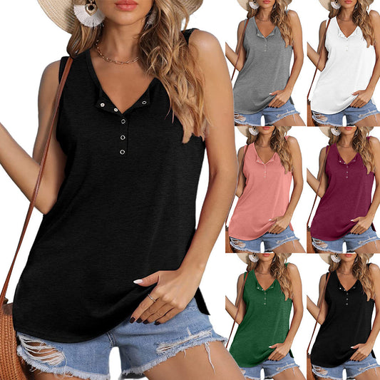 Split Hem Button Sleeveless Vest T-shirt Women's Clothing