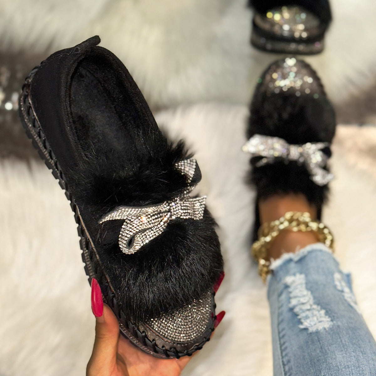 Fashion Bow Rhinestone Plus Size Women's Casual Shoes
