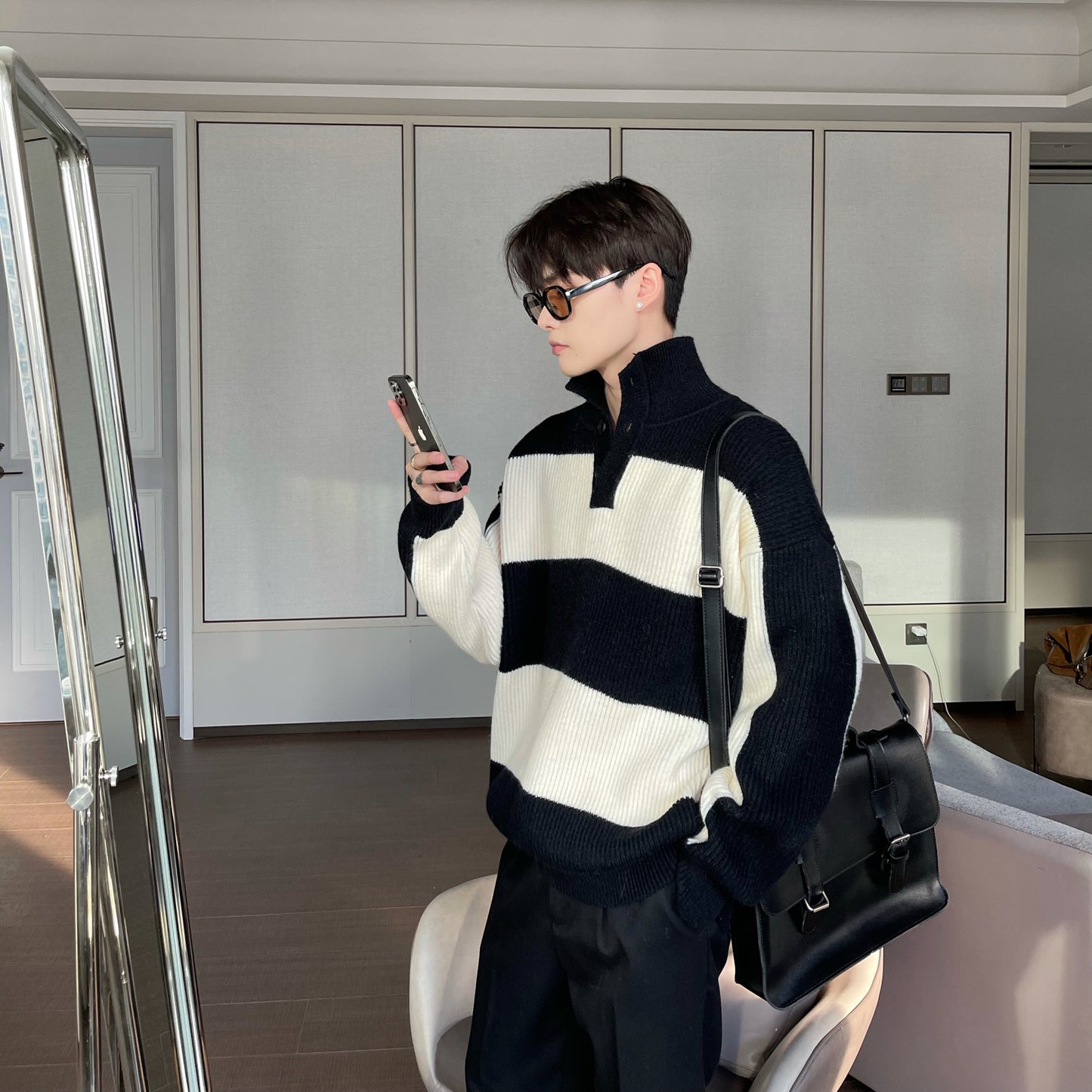 Stribet turtleneck sweater til mænd med kontrastfarve, løs pasform, efterår og vinter