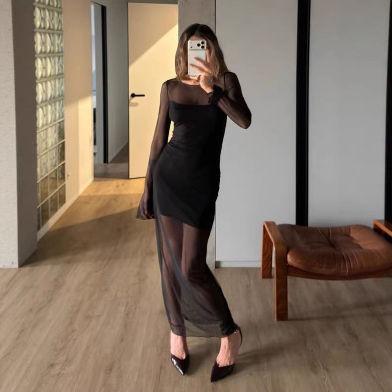 Elegant Womens Long-sleeve Mesh Dress With A Double-layer Design