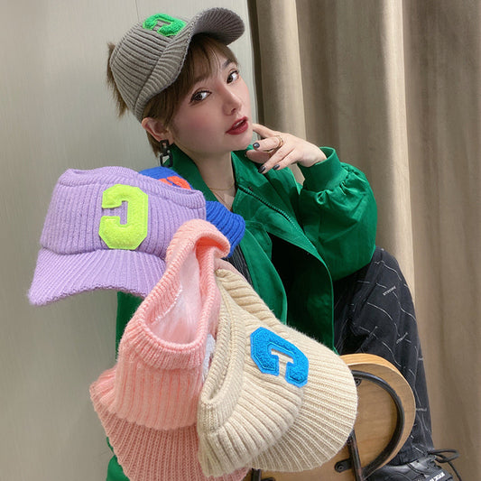 Female C Letter Fleece Warm Empty Top Knitted Baseball Hat