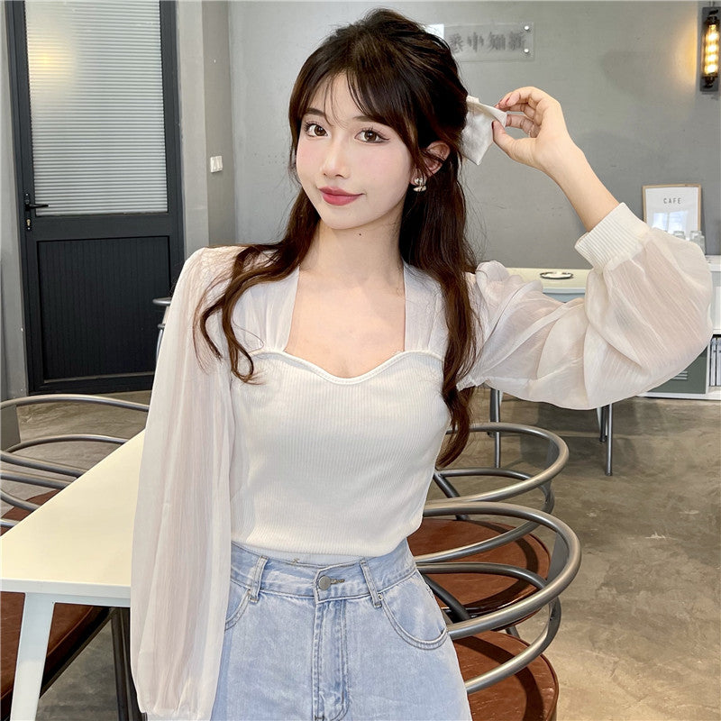 New French Long Sleeve Square Neck Thin Retro Shirt