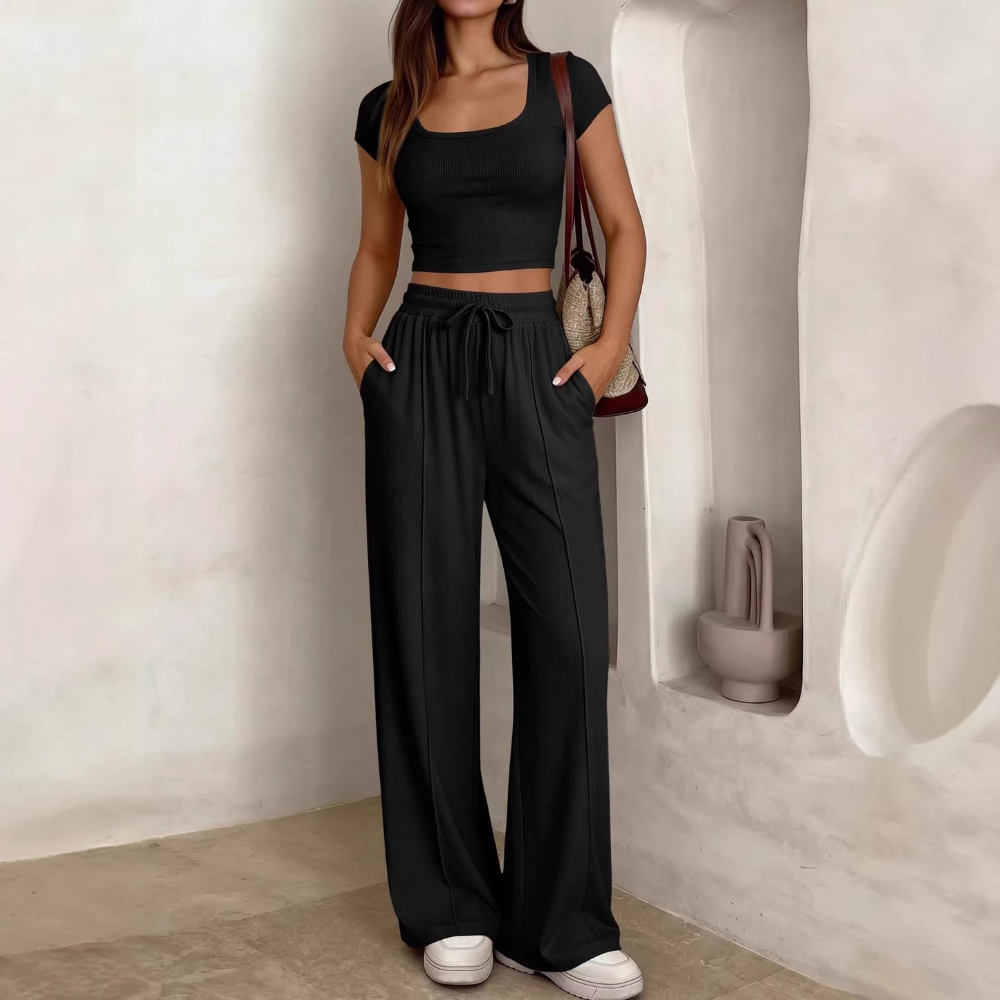 Y2K 2-piece Short-sleeve And Long-pants Set For Women