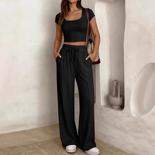 Y2K 2-piece Short-sleeve And Long-pants Set For Women