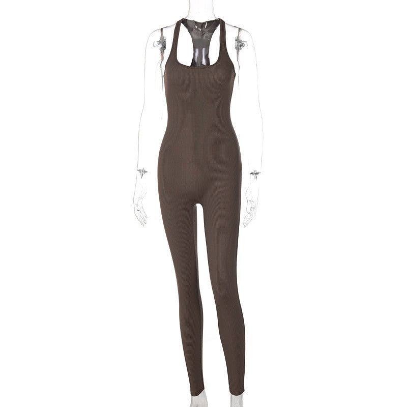 European And American Style Sleeveless Backless Waist Trimming Jumpsuit