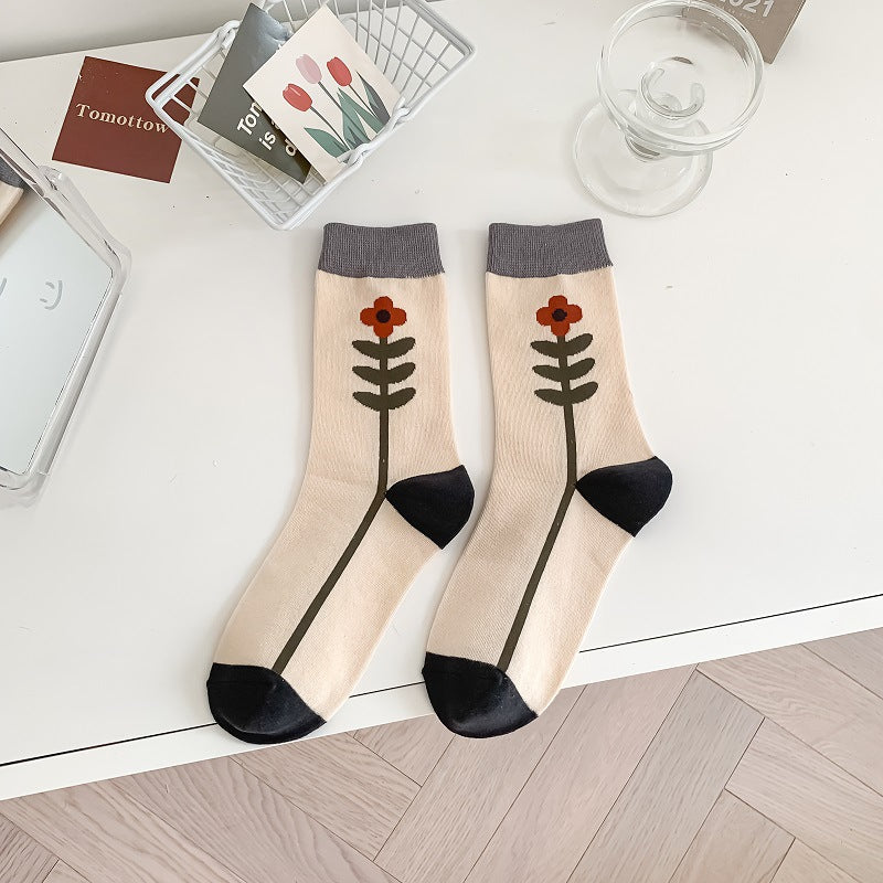 Creative And Fashionable Plaid Flower Tube Cotton Socks