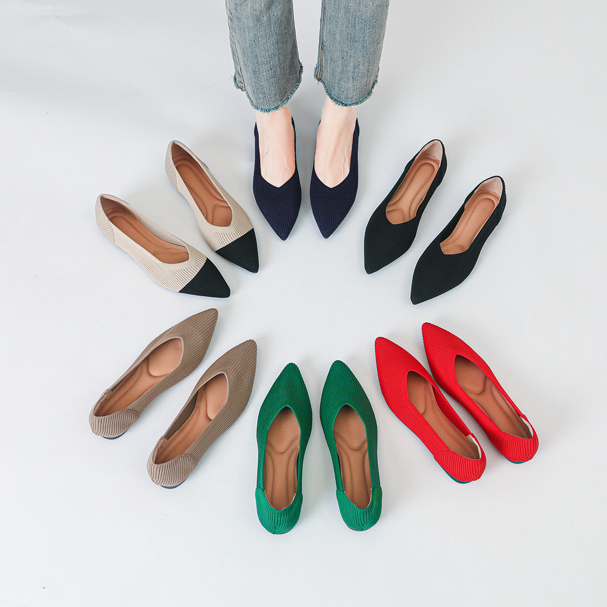Knit Breathable Shallow Mouth Pointed Flat Bottom Pumps