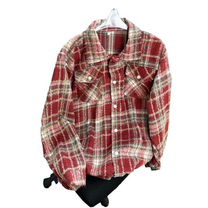 Plaid Tooling Woolen Button Shirt Jacket Men