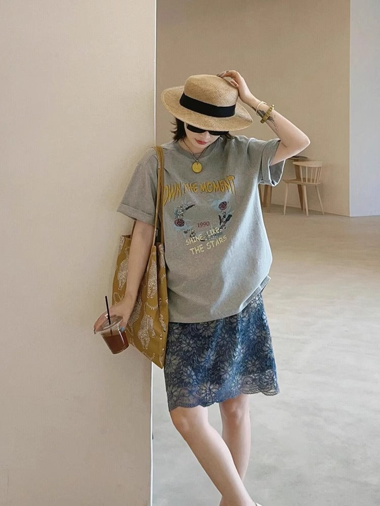 Womens Korean-style Crew-neck Short-sleeve Top