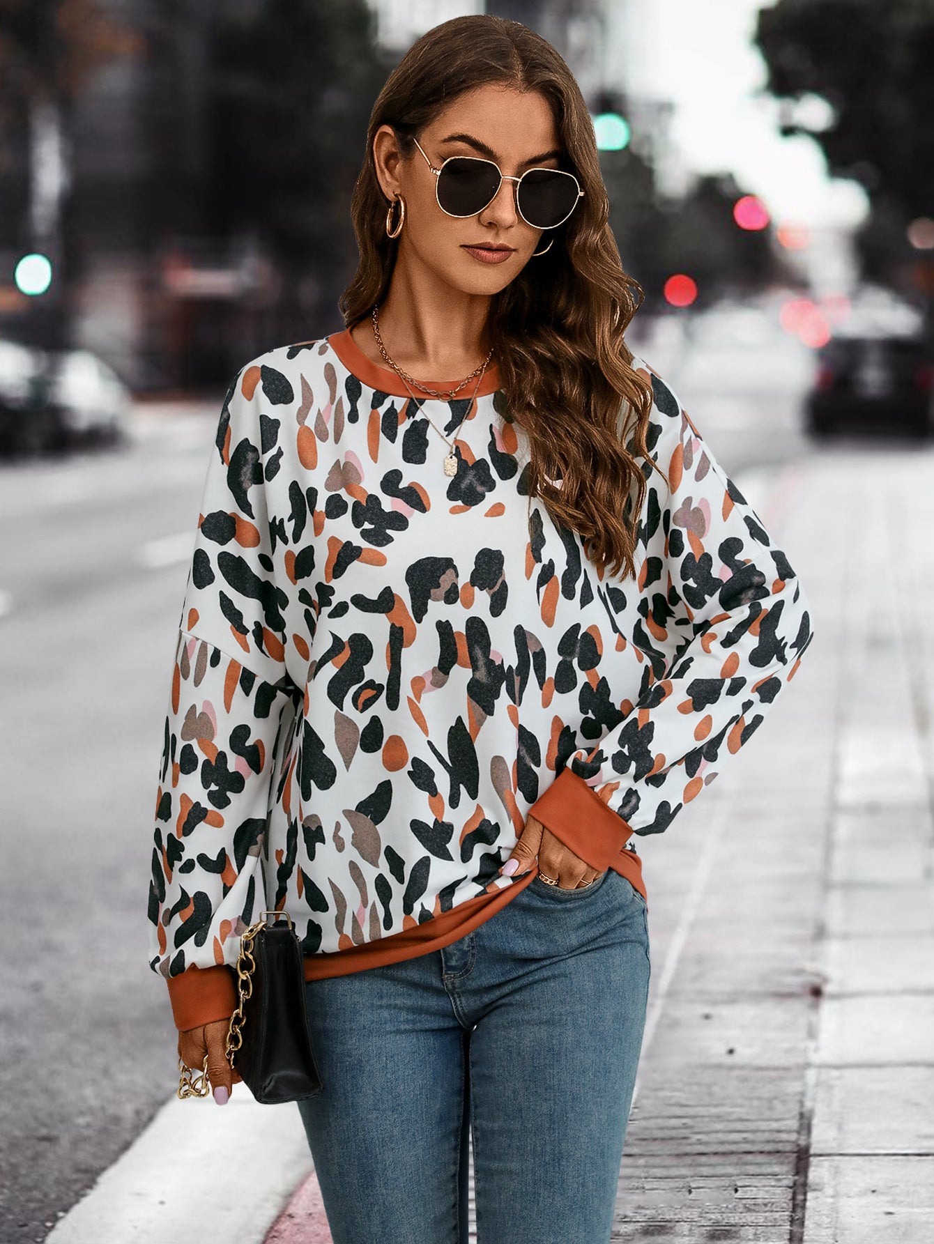 Women's Clothing Amazon Independent Station Popular Round Neck Drop Shoulder Lantern Sleeve Printed Sweater