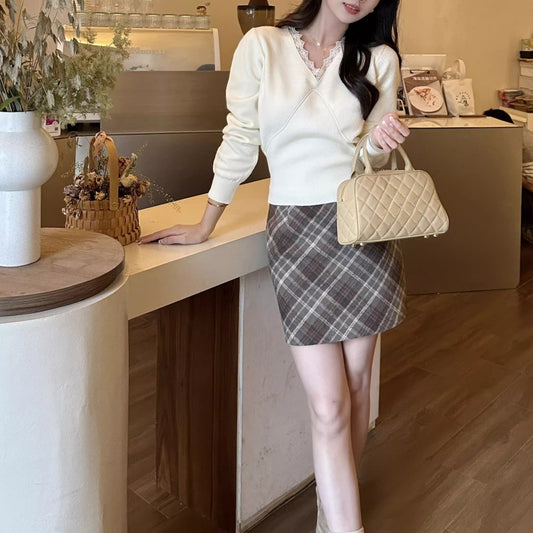 Lace V-neck Solid Color Women's Long Sleeve Sweater