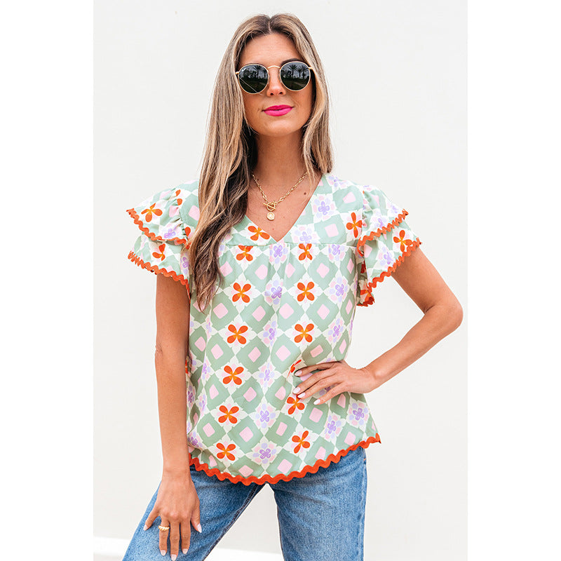 Women's Fashionable Multi-color Geometric Printed Chiffon Shirt