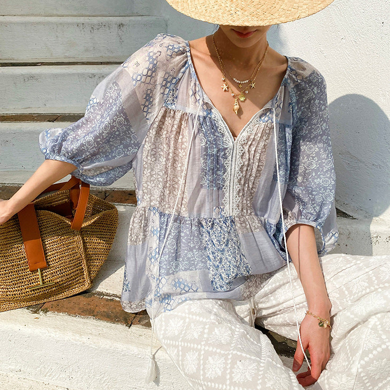 Printed Vacation-Style Blouse Womens Bohemian Sun-Protective Top