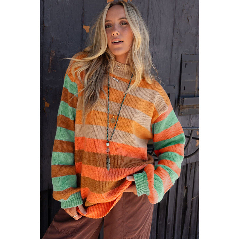 Women's Creative Striped Pullover Round Neck Long Sleeves Sweater