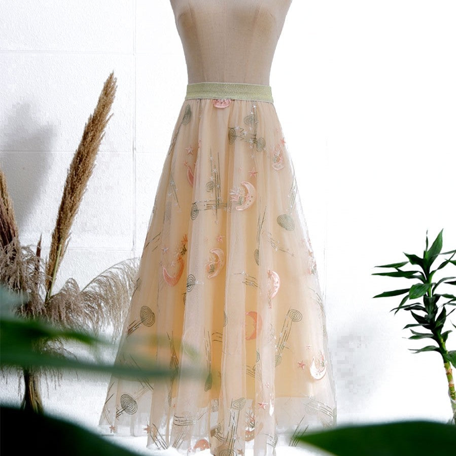 Heavy Industry Embroidered Yarn Mesh Long Skirt For Women