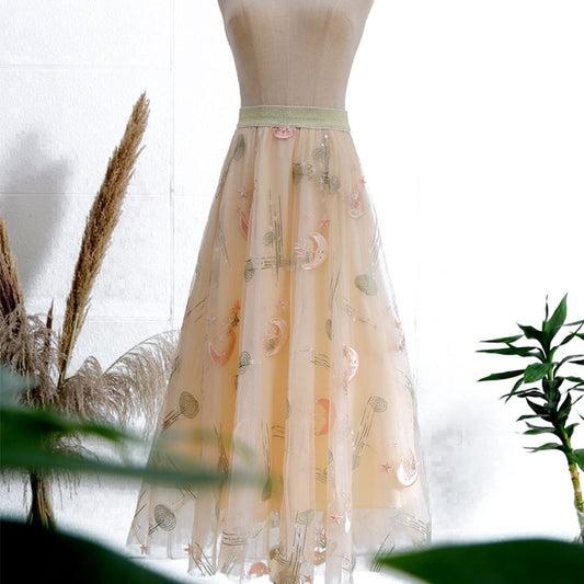 Heavy Industry Embroidered Yarn Mesh Long Skirt For Women