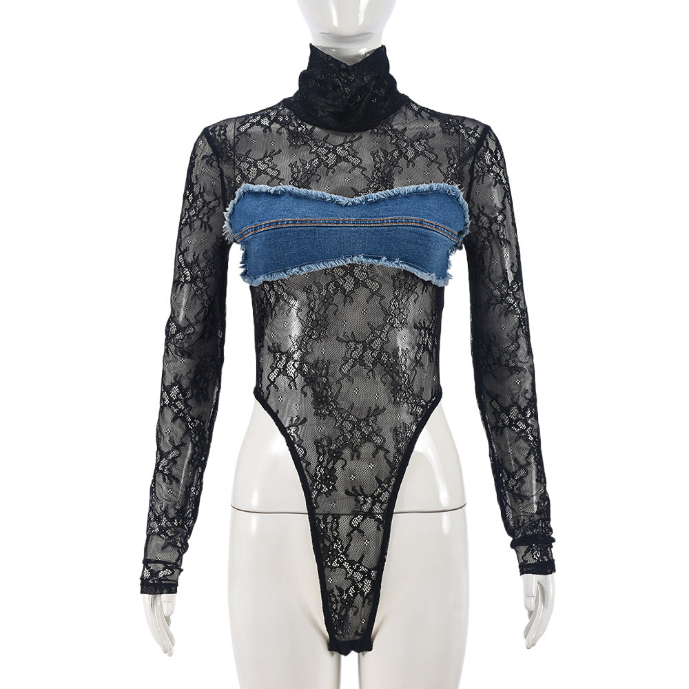 Sexy Long Sleeve Turtleneck See-through Denim Lace Color Matching Jumpsuit