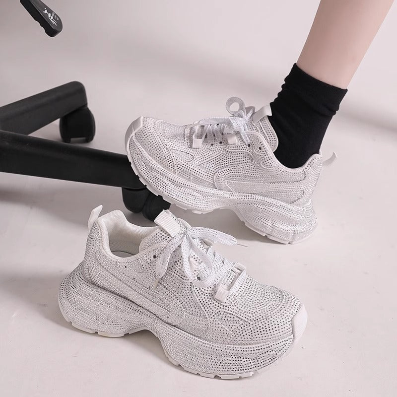 Platform Dad Sneakers til Kvinder Nye Åndbare Rhinestone Fuld Diamantrem