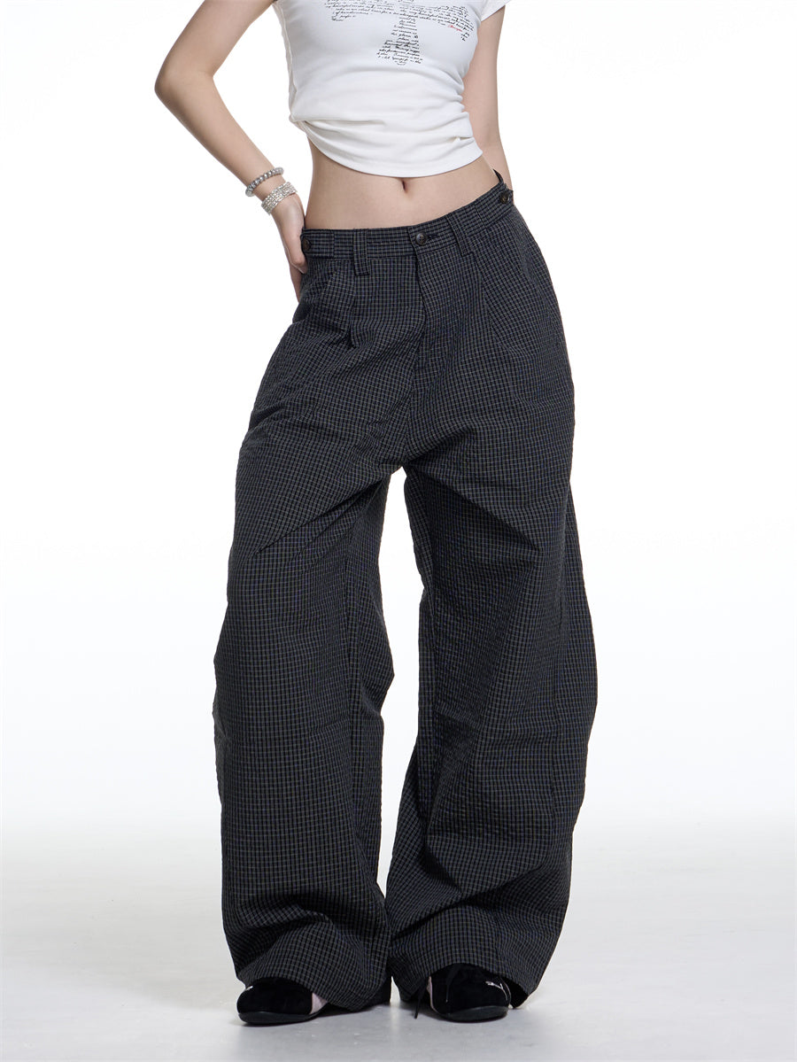 American Retro Plaid Lazy Wide Leg Machete Casual Pants For Women