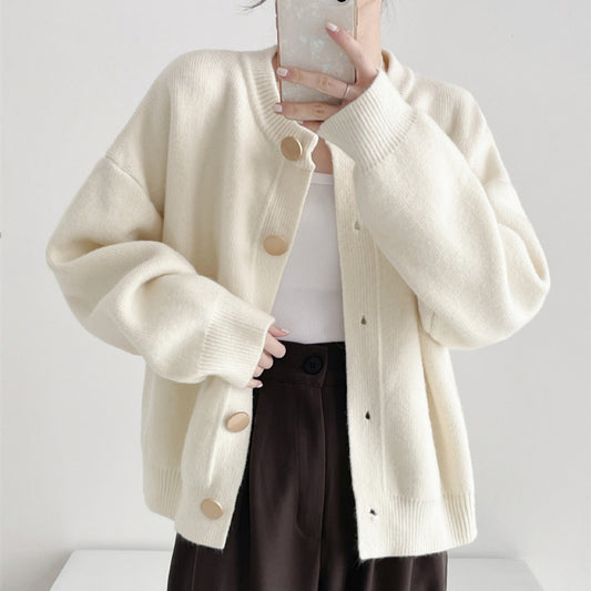 Round Neck Solid Color Loose Knitted Cardigan Women's Autumn And Winter