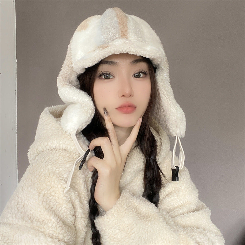Lamb Velvet Color Block Hat Women's Face