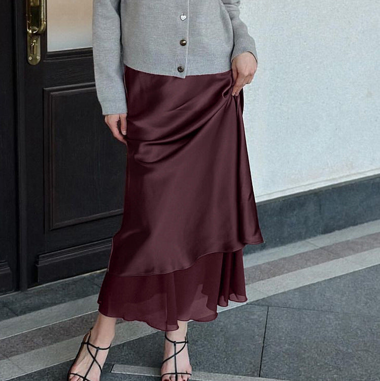 Satin Stitching Mesh Double-layer Sheath Skirt