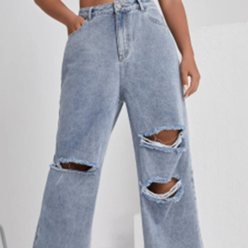 Dame-Denim Med Huller Høj Talje Lige Ben Bukser