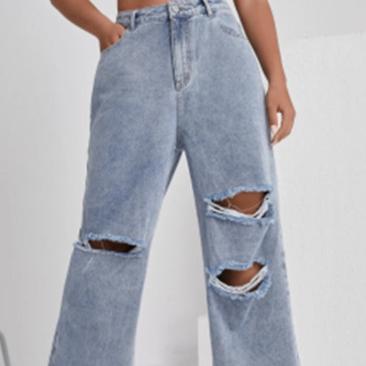 Dame-Denim Med Huller Høj Talje Lige Ben Bukser