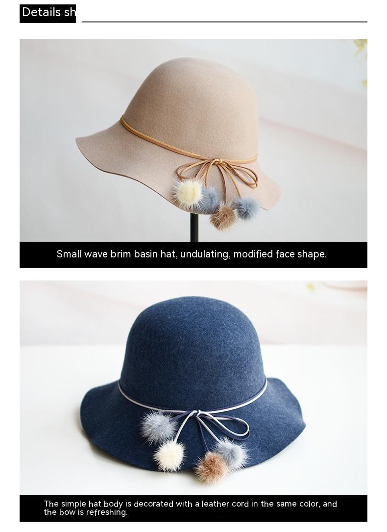 Woolen Warm Fisherman Hat Korean All-matching Basin Hat Lady Felt Cap Mink Fur Ball Billycock