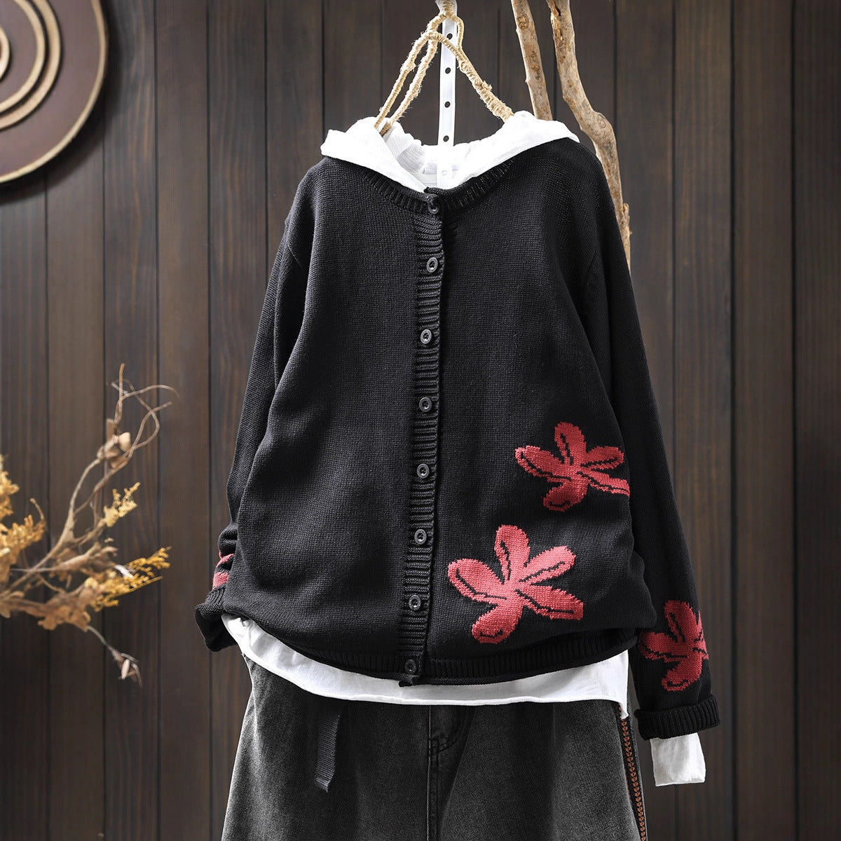 Women's Loose Retro Flower Contrasting Cotton Knit Cardigan