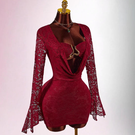 Lace Sheer Patchwork Metal-Trimmed Bodycon Mini Dress
