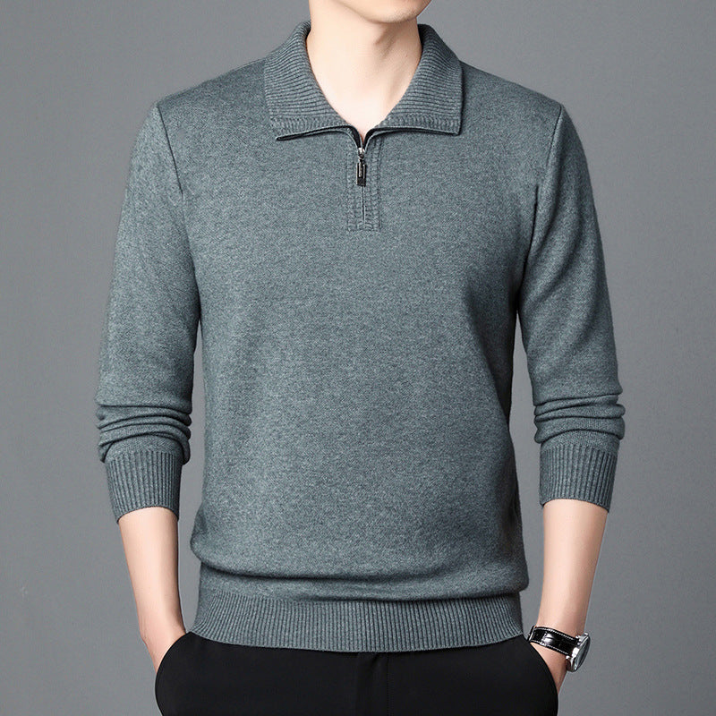 T-shirt Trendy High-end Men's Lapel Pullover Long Sleeve Knitted Sweater 100 Wool
